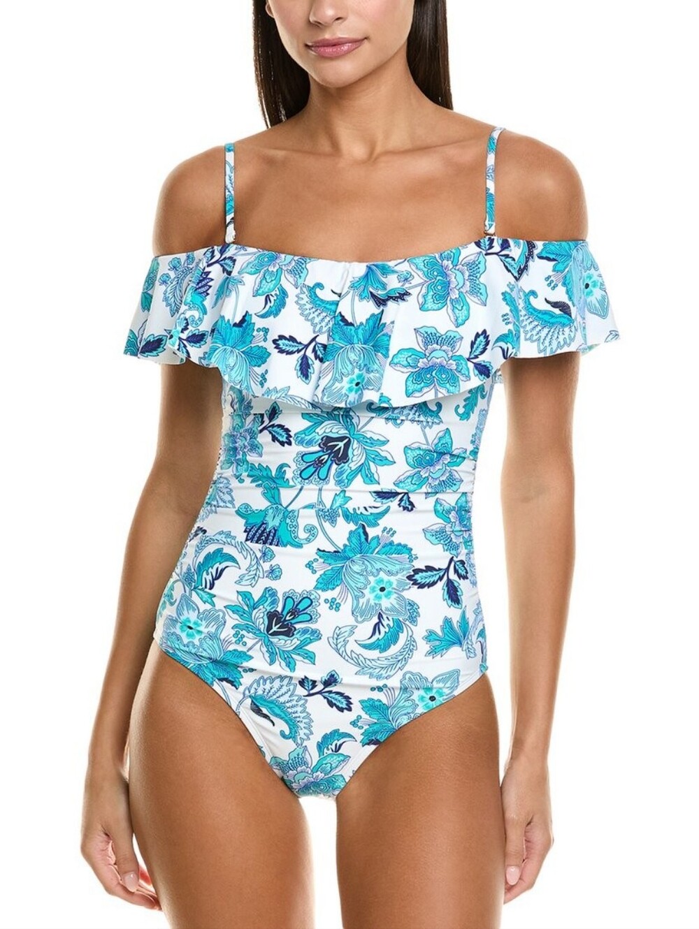 NEW La Blanca Teal Floral Ruffle Off-Shoulder One-Piece Swimsuit Summer Beach 16